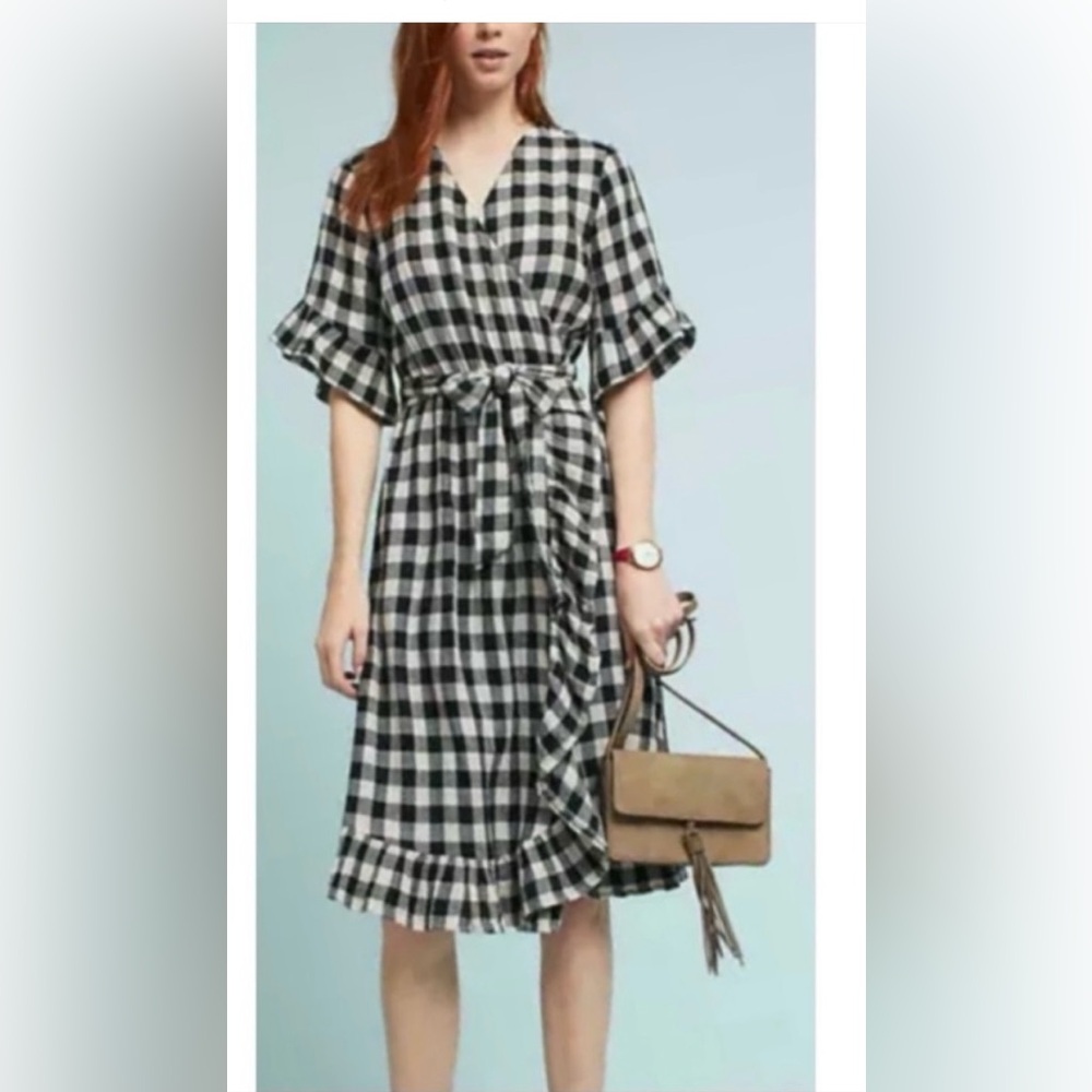 Anthropologie Kayla’s Armoire Black and White Check Wrap Dress